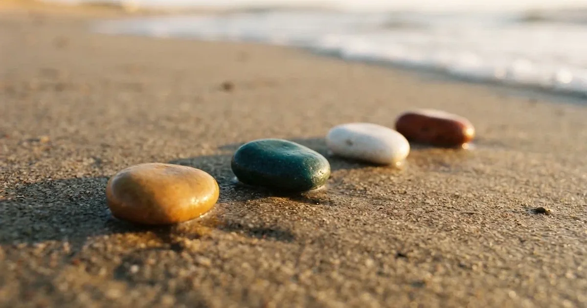 Kilka kamyków w różnych kolorach ułożonych w rzędzie na wilgotnym piasku plaży.